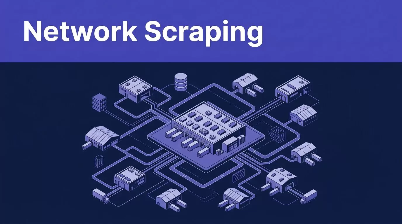 Isometric warehouse hub connected to regional facilities by indigo routes under a Network Scraping headline.