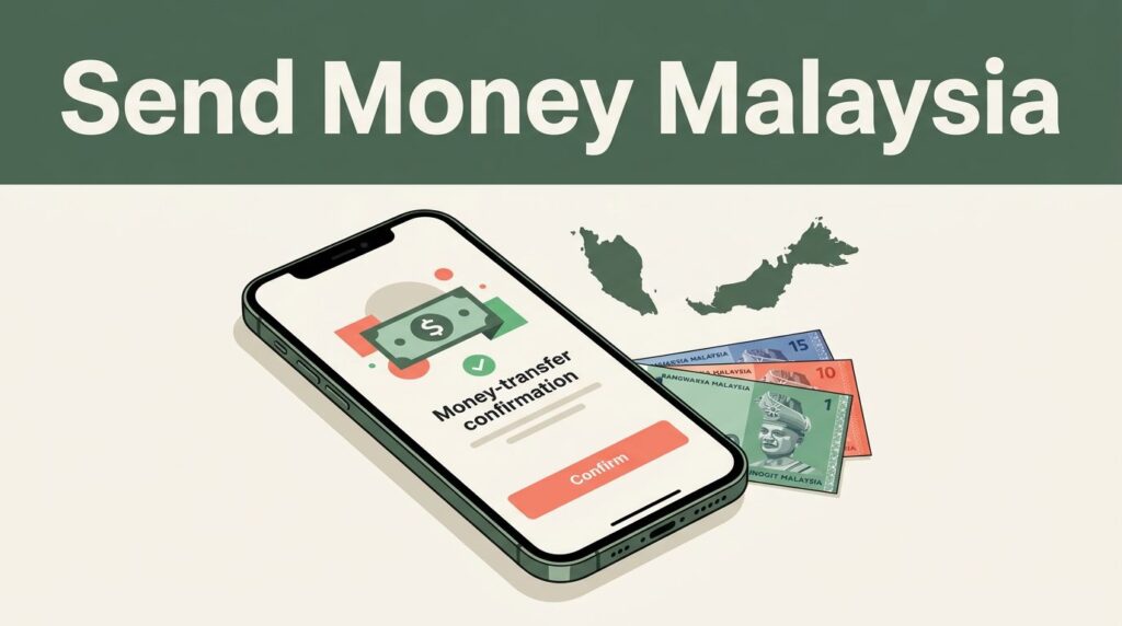 A smartphone showing a money transfer beside Malaysian ringgit notes and a Malaysia map.