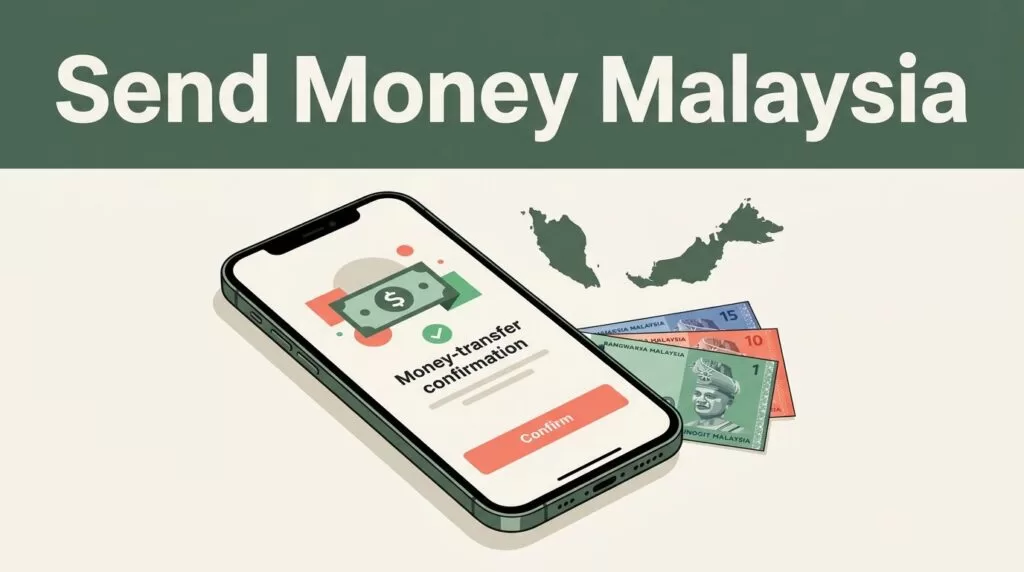 A smartphone showing a money transfer beside Malaysian ringgit notes and a Malaysia map.