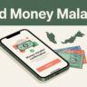 A smartphone showing a money transfer beside Malaysian ringgit notes and a Malaysia map.