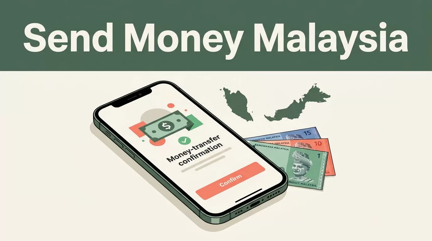 A smartphone showing a money transfer beside Malaysian ringgit notes and a Malaysia map.