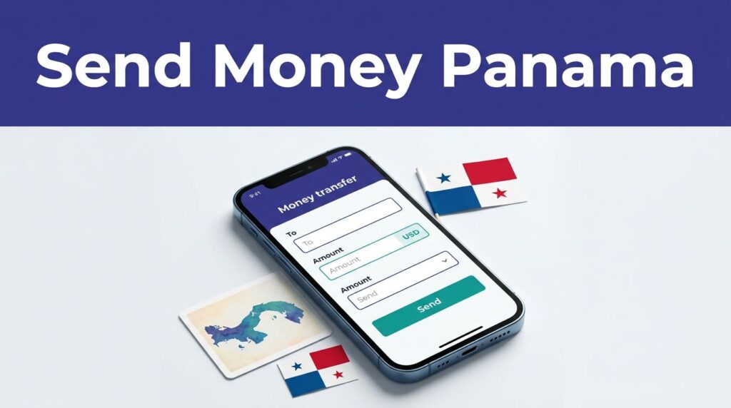 Smartphone with a money-transfer screen beside a Panama map and flag.