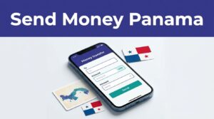 Smartphone with a money-transfer screen beside a Panama map and flag.