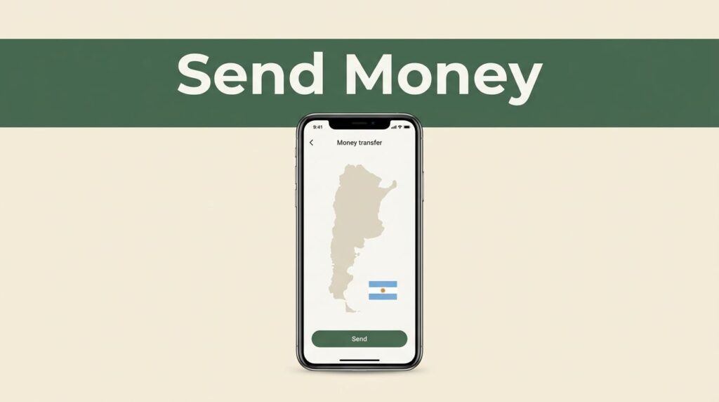 Smartphone showing a money transfer app with an Argentina map and flag accent.
