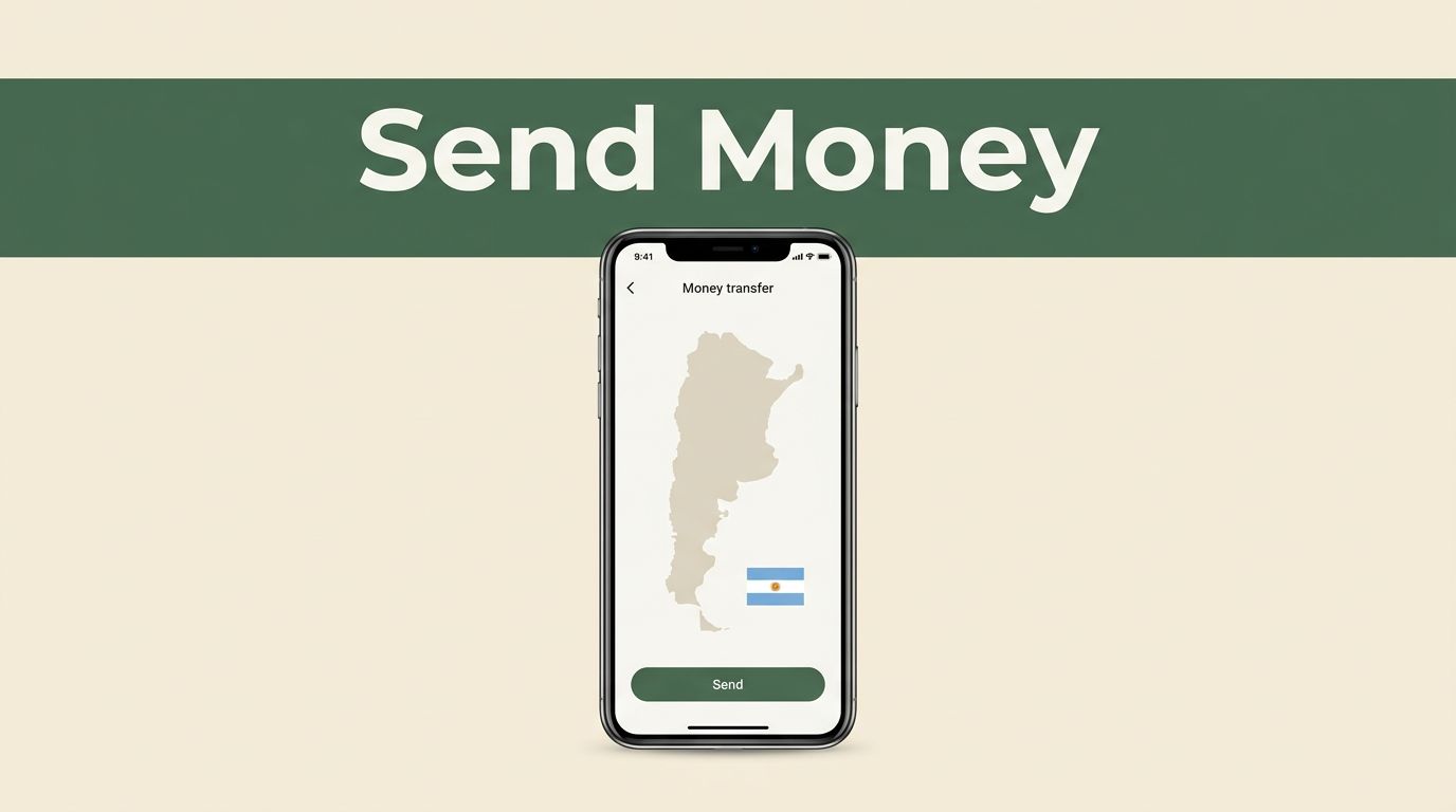 Smartphone showing a money transfer app with an Argentina map and flag accent.