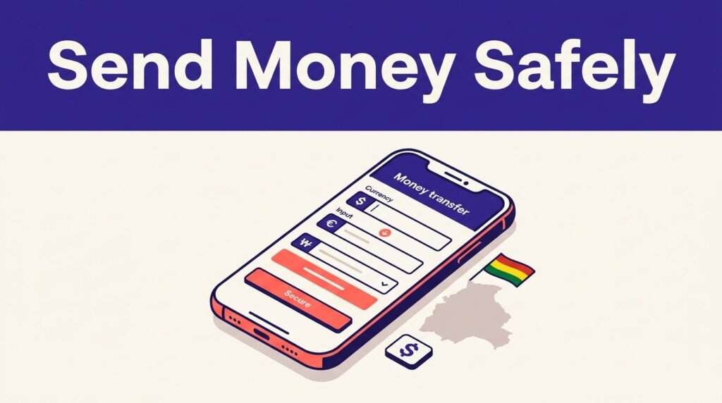 A smartphone money-transfer app beside a Bolivia map and Bolivian flag accent.