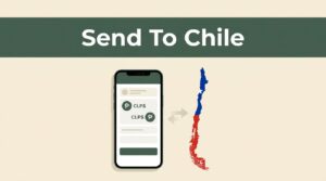 Smartphone showing a money transfer beside a Chile map.