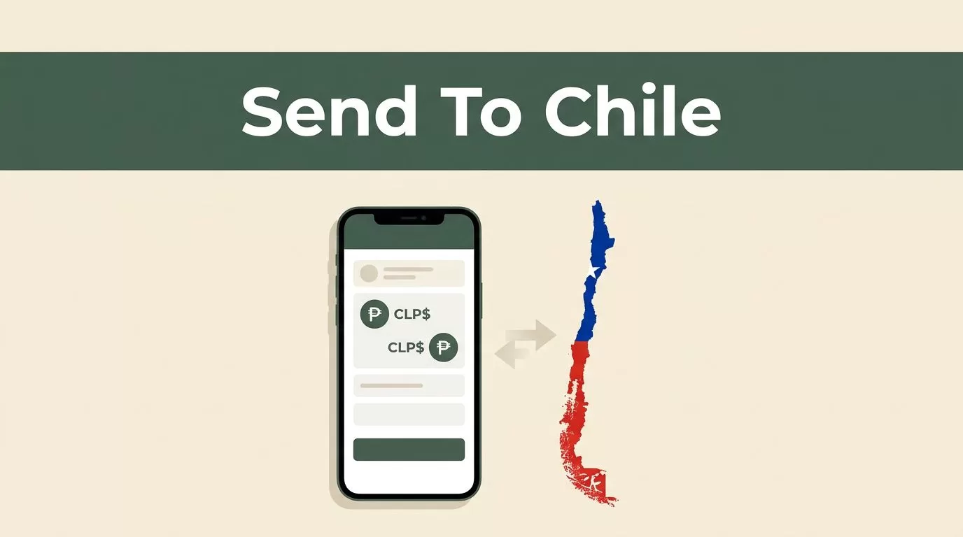 Smartphone showing a money transfer beside a Chile map.