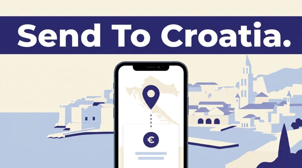 Smartphone showing a money transfer to Croatia against a pale coastal backdrop.