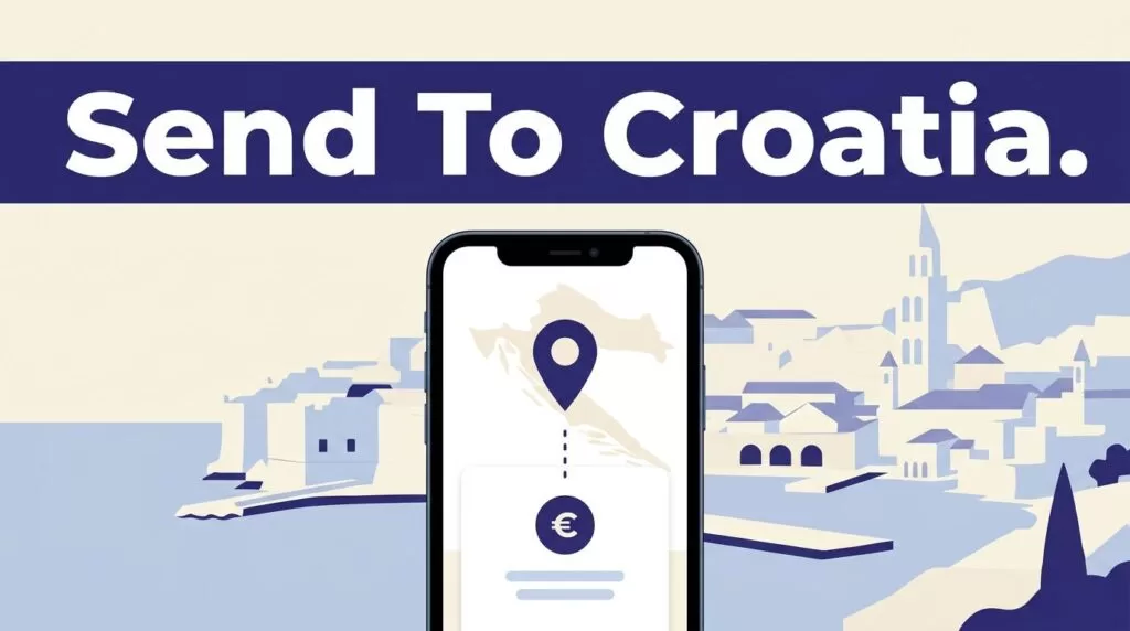 Smartphone showing a money transfer to Croatia against a pale coastal backdrop.