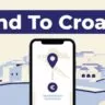 Smartphone showing a money transfer to Croatia against a pale coastal backdrop.