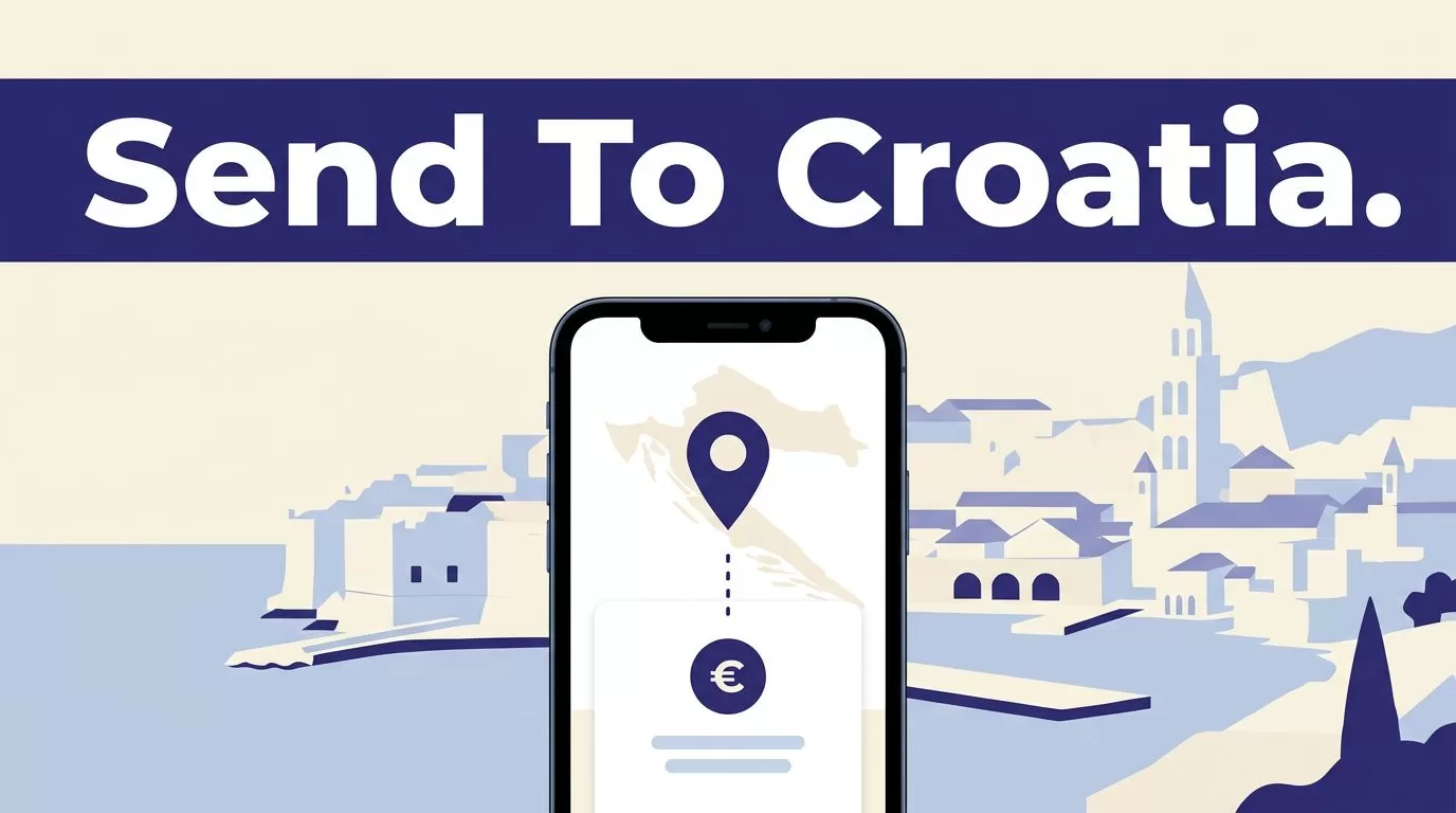 Smartphone showing a money transfer to Croatia against a pale coastal backdrop.