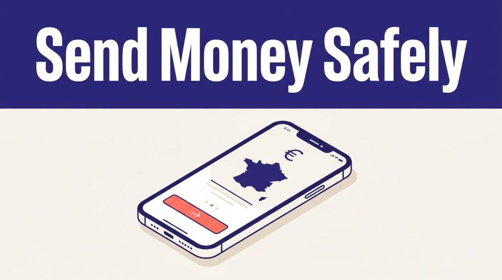 A smartphone shows a secure money transfer screen with a euro symbol and France map.