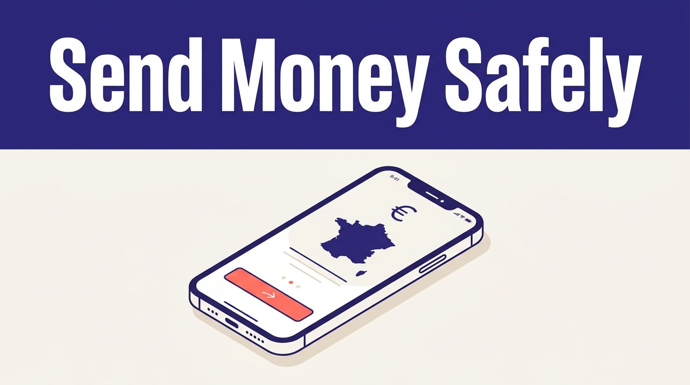 A smartphone shows a secure money transfer screen with a euro symbol and France map.