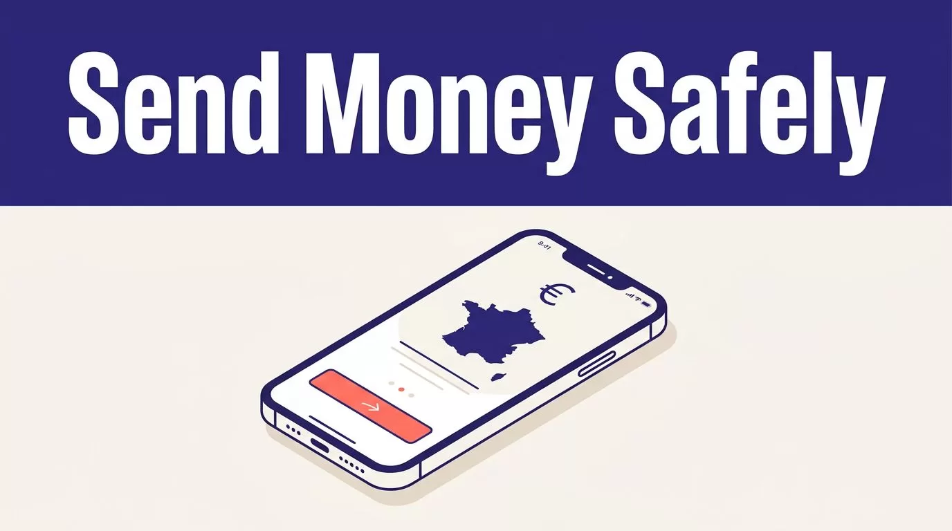 A smartphone shows a secure money transfer screen with a euro symbol and France map.