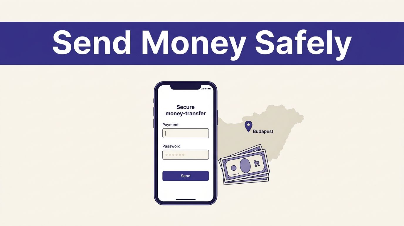 A smartphone transfer screen beside Hungarian money, a map, and a location pin.