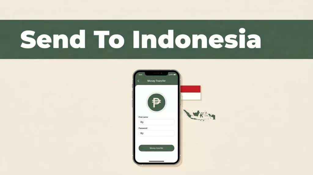A smartphone displaying a money-transfer screen beside an Indonesian flag accent and map.