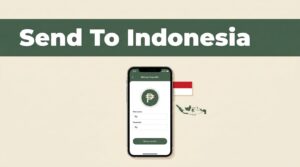 A smartphone displaying a money-transfer screen beside an Indonesian flag accent and map.