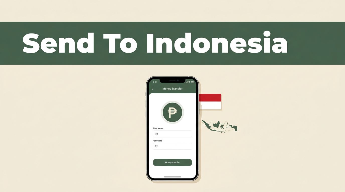 A smartphone displaying a money-transfer screen beside an Indonesian flag accent and map.