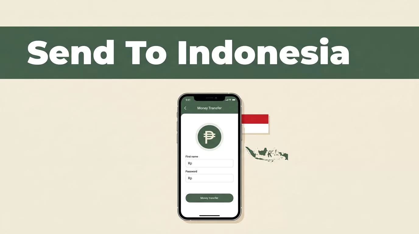 A smartphone displaying a money-transfer screen beside an Indonesian flag accent and map.