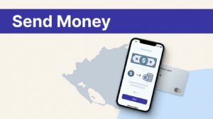 Smartphone, Nicaragua map, and payment card beneath a Send Money banner.