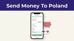 Smartphone showing a money transfer app beside a Poland map and currency symbol.