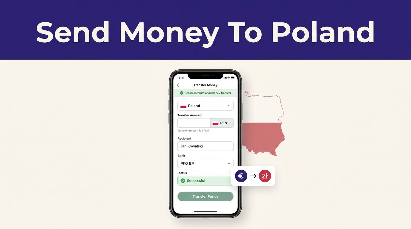 Smartphone showing a money transfer app beside a Poland map and currency symbol.