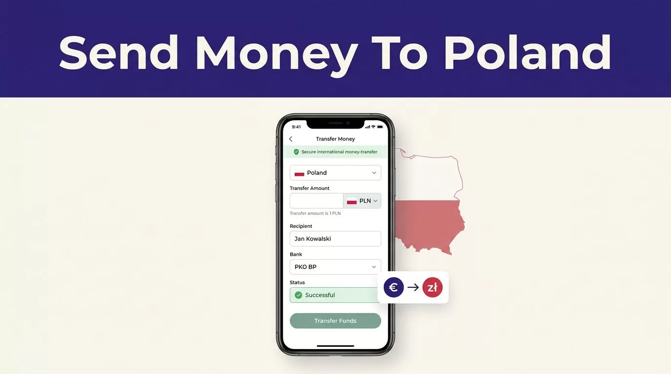 Smartphone showing a money transfer app beside a Poland map and currency symbol.