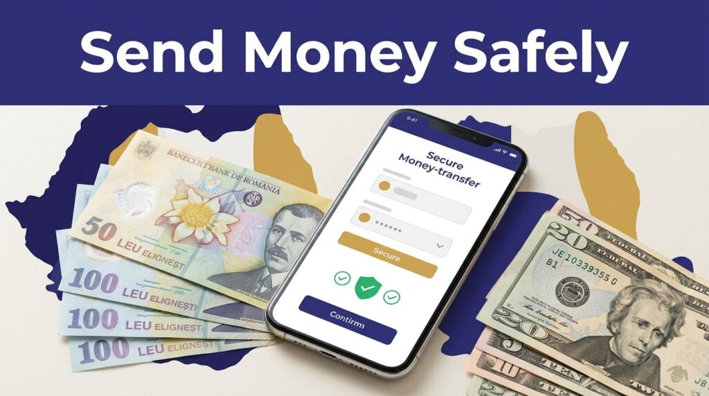 A smartphone for sending money sits beside Romanian and U.S. currency.