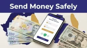 A smartphone for sending money sits beside Romanian and U.S. currency.