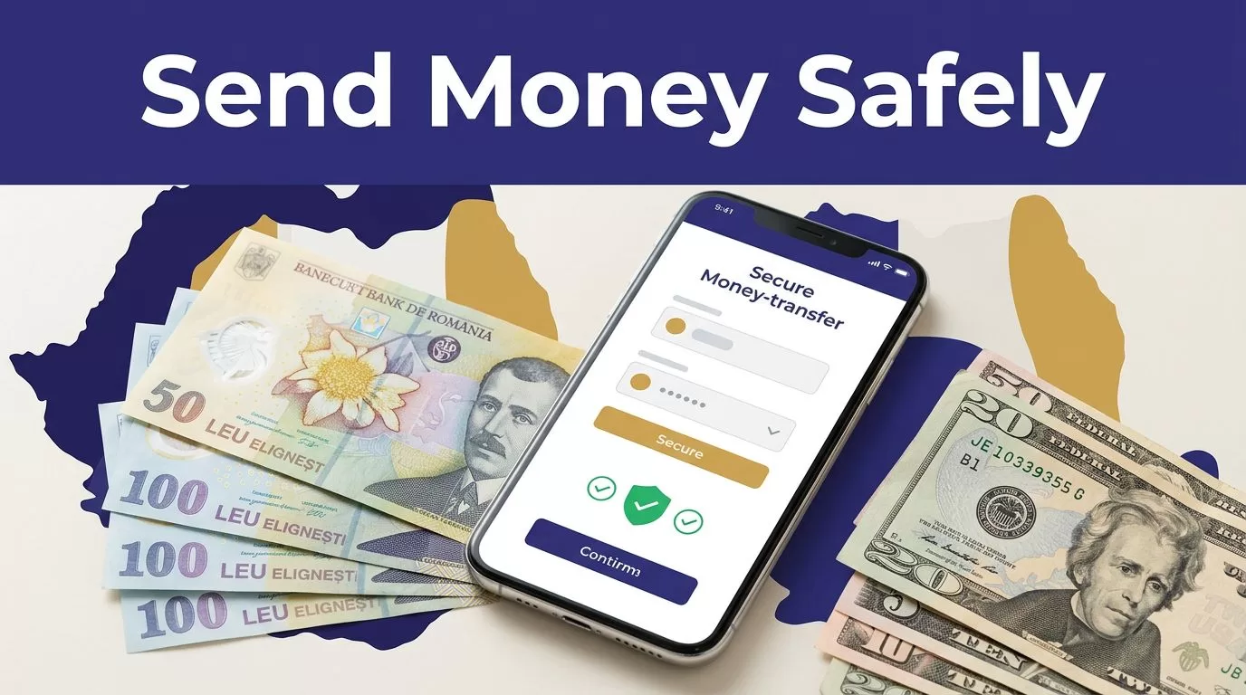 A smartphone for sending money sits beside Romanian and U.S. currency.