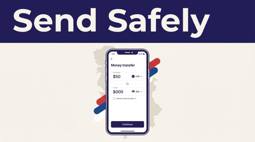A smartphone money-transfer app beneath a Send Safely banner with Serbia-inspired colors.