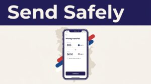 A smartphone money-transfer app beneath a Send Safely banner with Serbia-inspired colors.