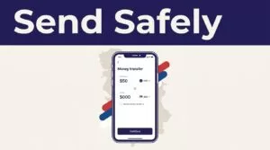 A smartphone money-transfer app beneath a Send Safely banner with Serbia-inspired colors.