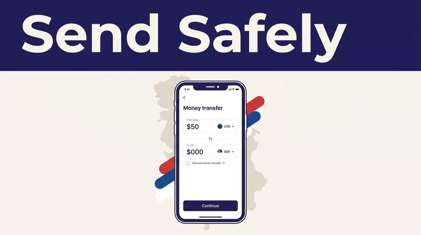 A smartphone money-transfer app beneath a Send Safely banner with Serbia-inspired colors.