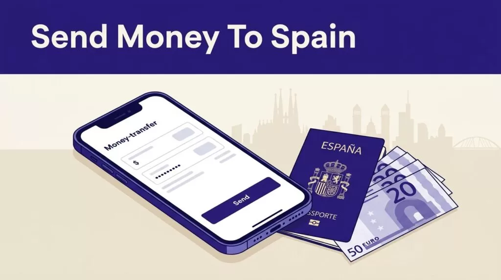 Smartphone, Spanish passport, and euro notes arranged beneath a blue Send Money To Spain banner.
