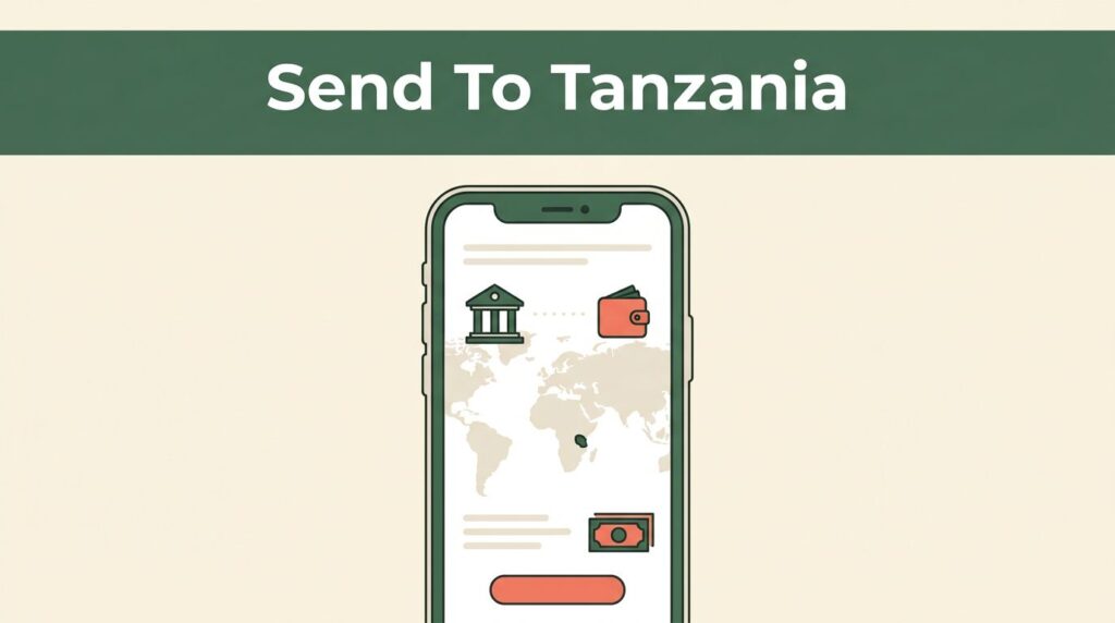 A smartphone shows a money transfer app with Tanzania highlighted and payment options nearby.