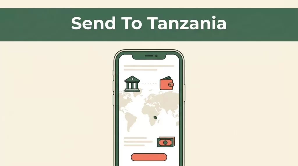 A smartphone shows a money transfer app with Tanzania highlighted and payment options nearby.