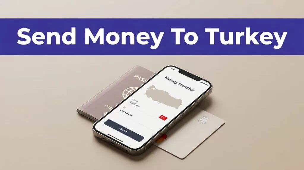 A smartphone showing a Turkey transfer app sits beside a passport and bank card.