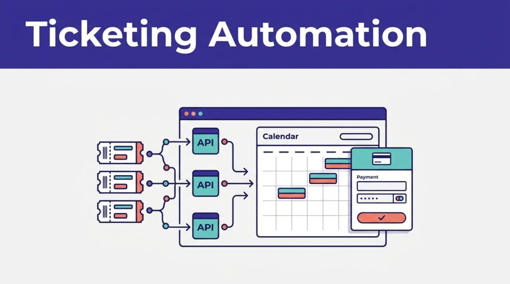 Event ticketing dashboard showing API connections, a calendar, and payment verification.
