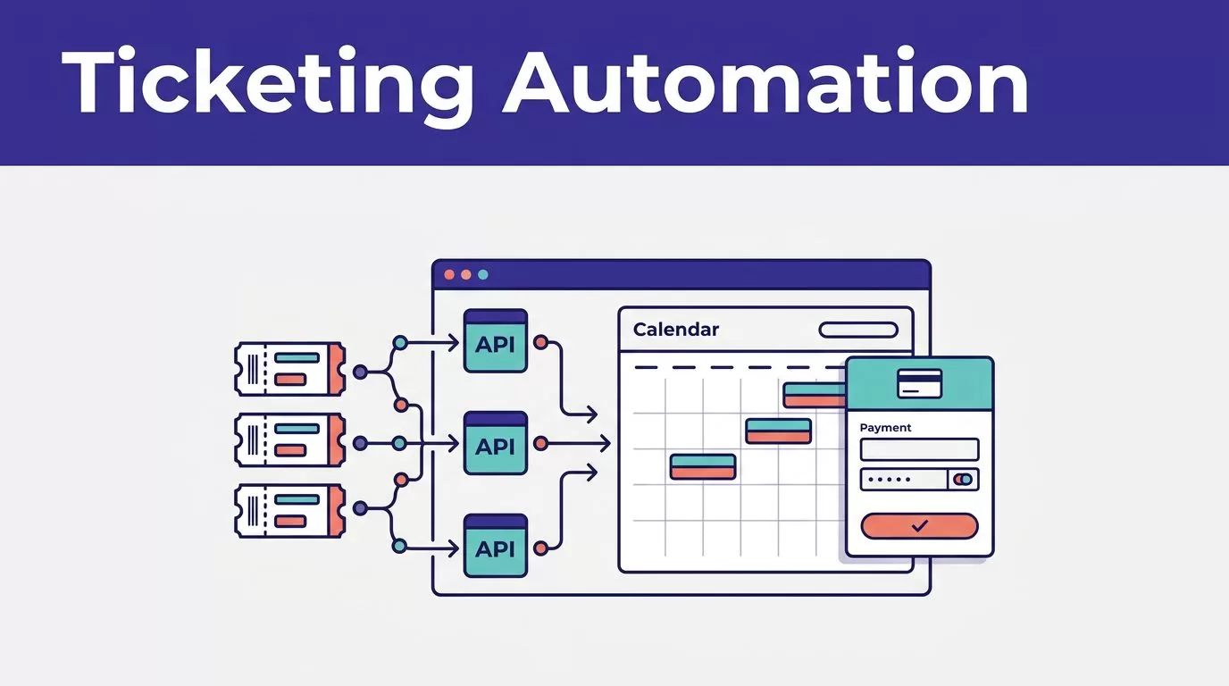 Event ticketing dashboard showing API connections, a calendar, and payment verification.