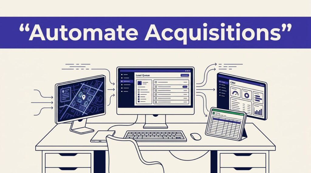 A property map, CRM dashboard, and spreadsheet flow into one organized real estate lead queue.
