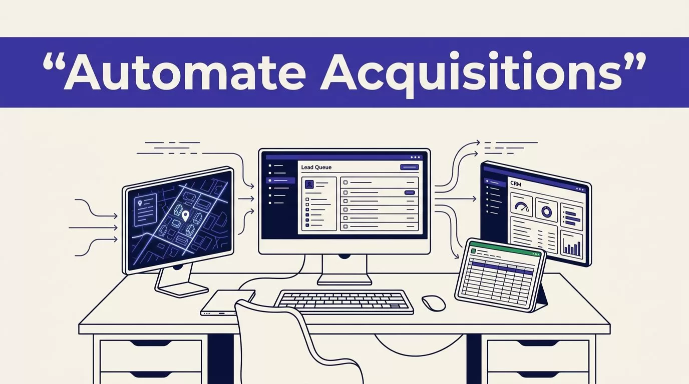 A property map, CRM dashboard, and spreadsheet flow into one organized real estate lead queue.