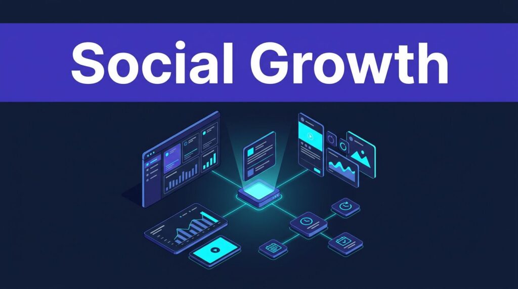 “Social Growth” appears above a glowing workflow connecting dashboards, charts, content cards, and task nodes.