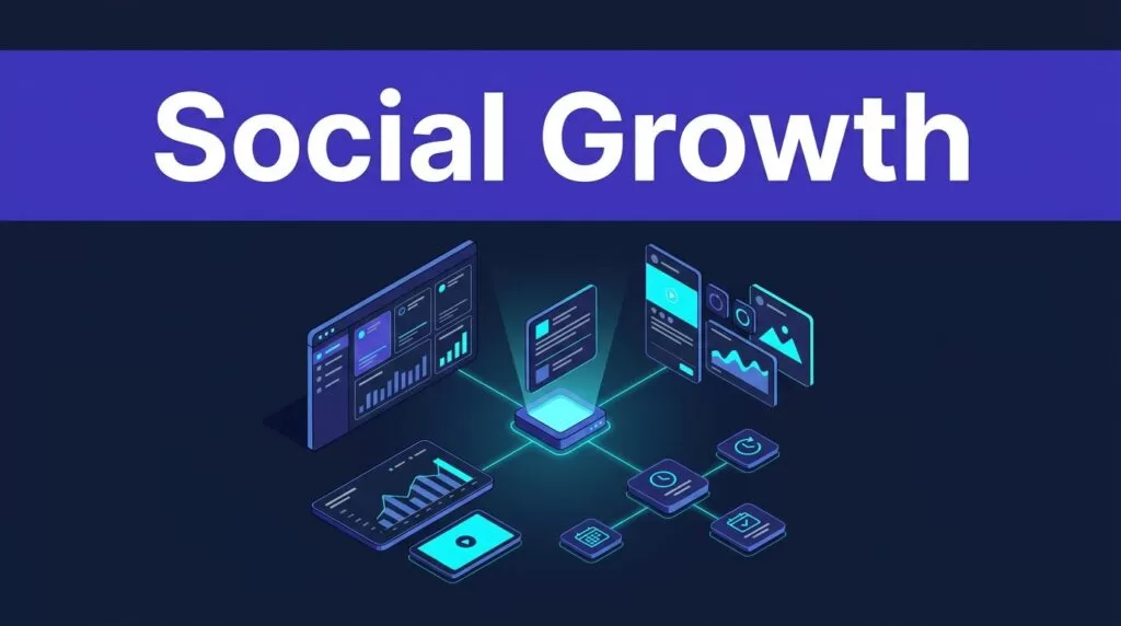 “Social Growth” appears above a glowing workflow connecting dashboards, charts, content cards, and task nodes.