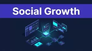 “Social Growth” appears above a glowing workflow connecting dashboards, charts, content cards, and task nodes.