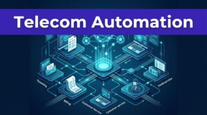 Telecom network modules and glowing fiber links converge at a central automation hub.