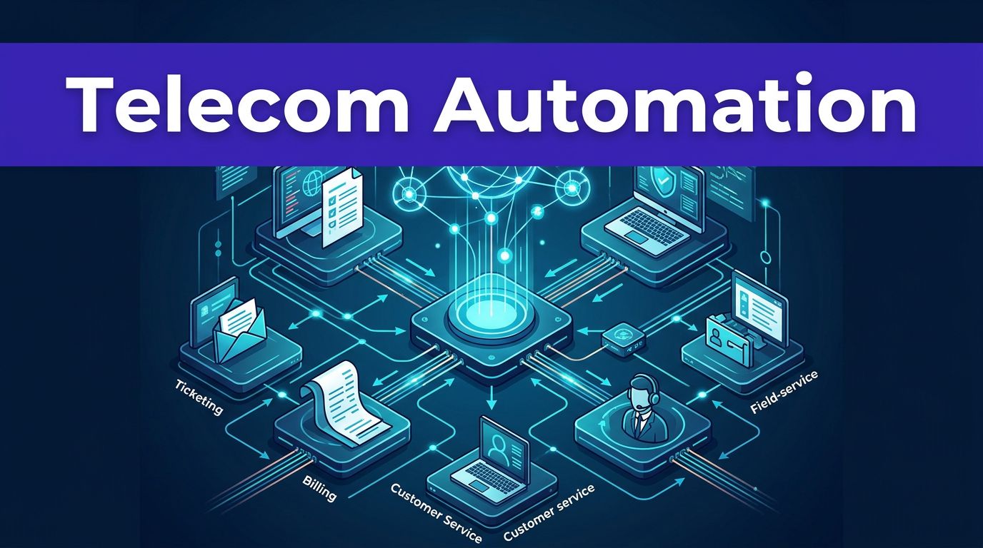 Telecom network modules and glowing fiber links converge at a central automation hub.