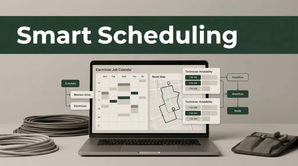 Laptop showing an electrician schedule beside cables and a tool pouch.