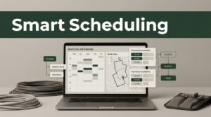 Laptop showing an electrician schedule beside cables and a tool pouch.